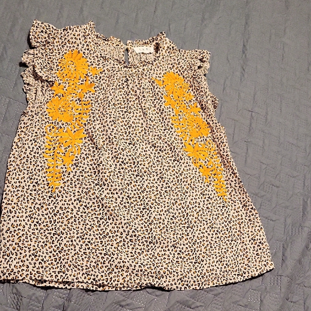THML Cream Leopard Print Blouse with Yellow Embroidered Detail